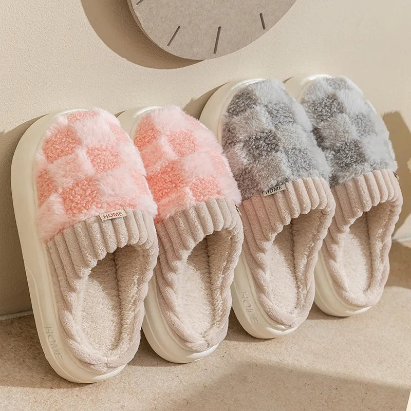 Plaid Cotton Couple Slippers - Thick Soft Sole, Non-Slip Indoor Slides for Men & Women
